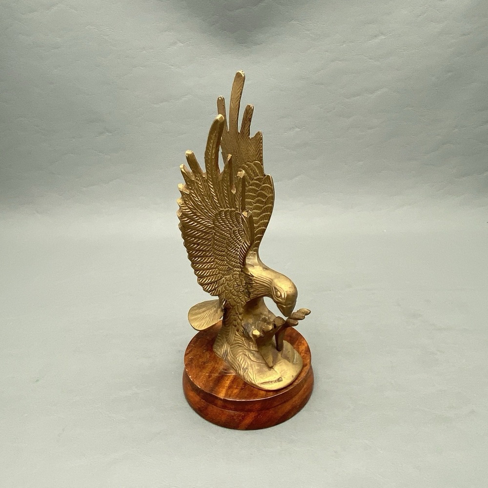 Vintage Brass Bald Eagle Statue Figurine on Wood Base 8.5" Tall Decor